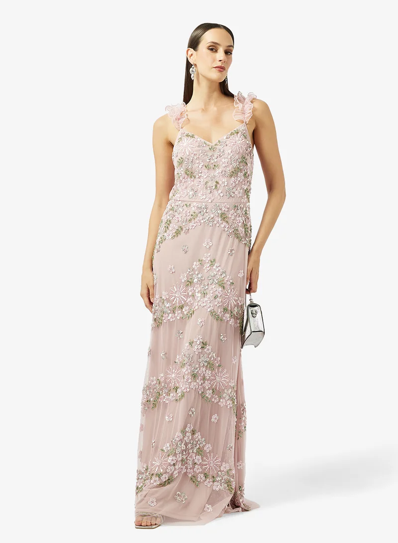 Namshi x  Ruffle Sleeve Floral Bead Embellished Evening Gown for Women | Best Price UAE